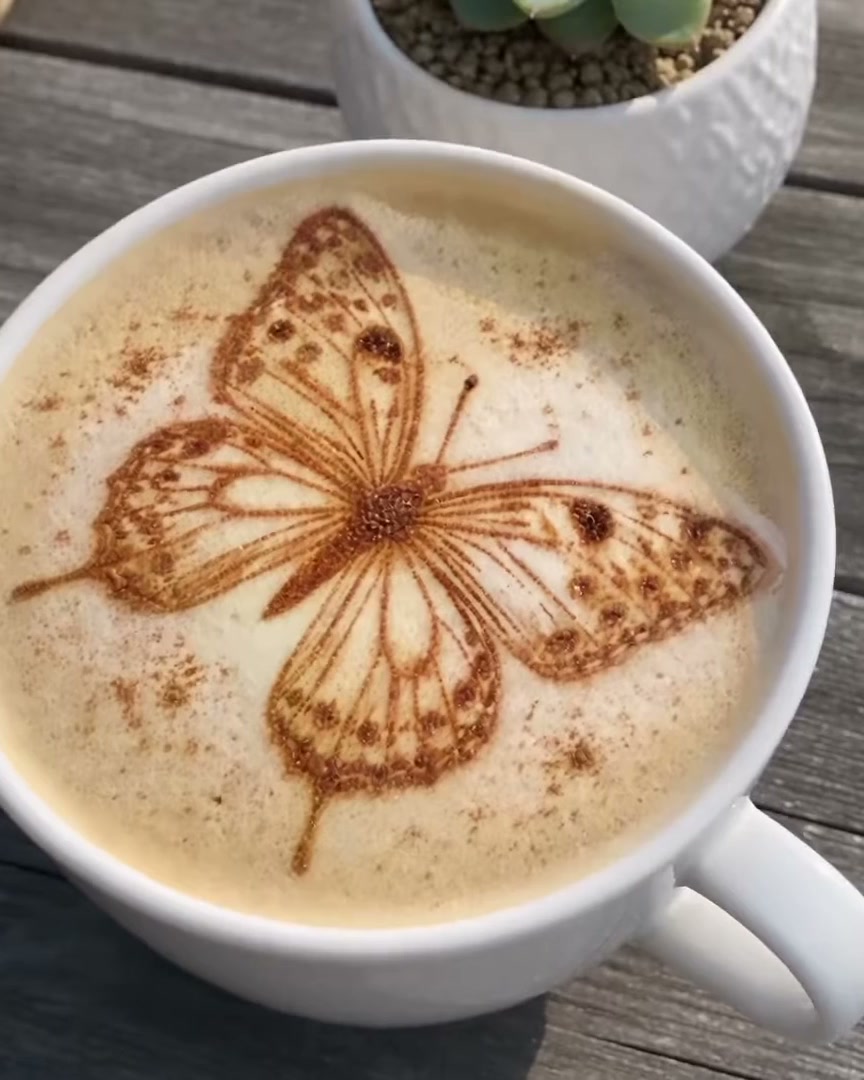 Un papillon saupoudré sur la mousse d’un latte