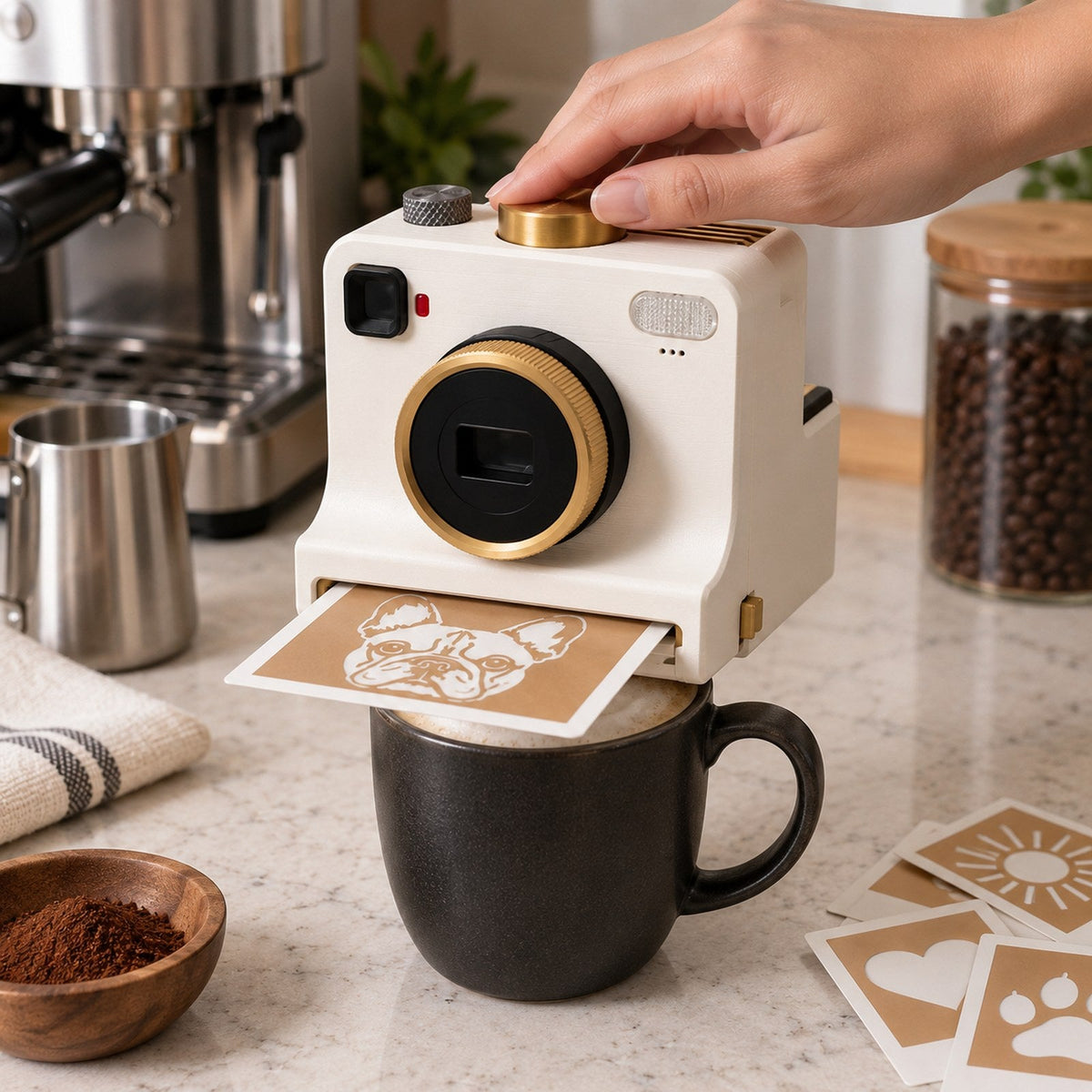 LATTECAM sur le plan de travail, en action au-dessus d’un mug