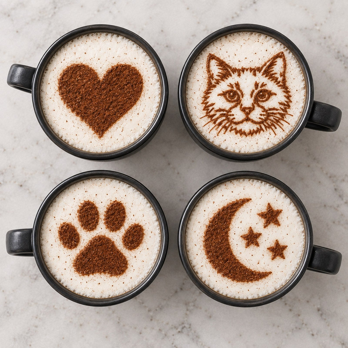 Quatre motifs de latte art réalisés avec LATTECAM